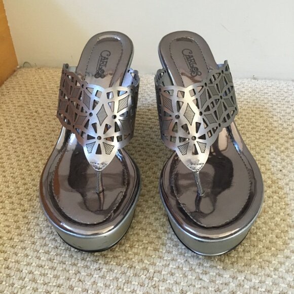 Carlos by Carlos Santana Madison Silver Die-Cut-Out Wedge Thong Sandal Sz7.5 #02 - Picture 7 of 8